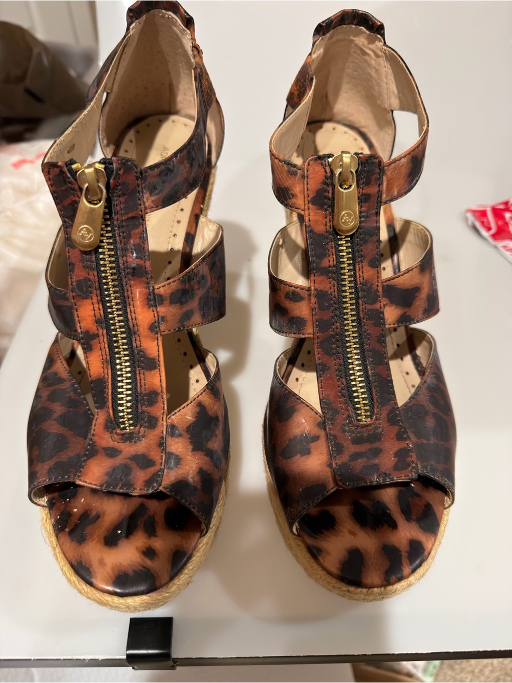 Adrienne Vittadini Leopard-Print Zip Wedge Sandals - Brown/Black
